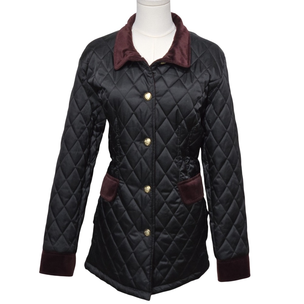 Vince Camuto Jacket Womens Medium Black Burgundy Quilted Button Coat Velvet Trim